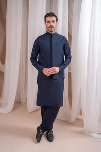 <b>Men's</b> Navy Blue Cotton <b>Kurta</b> Pajama Waistcoat Set Traditional Ankle-Length Regular Fit Casual Wear All Seasons India Pakistan - Product Image 6