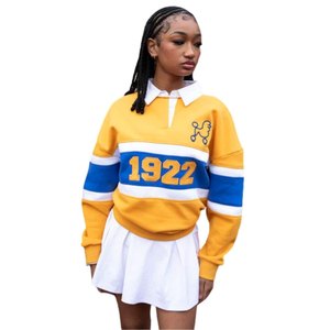 Camisa de Rugby de Verano para Mujer Sigma Gamma Rho 1922, Amarilla y Azul, Manga Larga, Cierre de Botones, Estilo Deportivo Informal - Product Image 3