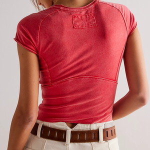 Hot Sale Women Red Short Sleeve Crop Top O Neck Knitted Casual Slim Fit <b>Spring</b> Summer Solid Color Breathable Exposed Seam Tshirt - Product Image 2