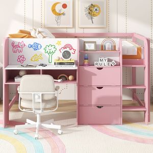 Letto a soppalco basso bianco e rosa a grandezza naturale con scrivania integrata, armadietti contenitori, libreria aperta e lavagna per graffiti - per camerette dei bambini (ETA 7/8) - Product Image 2