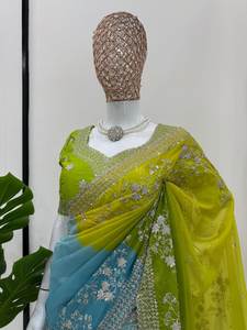 Sari Lehenga en Georgette de Soie Tibby Lourde Vichitra Prêt-à-porter de Qualité Supérieure pour Mariage Traditionnel, Remise de Diplôme, Diwali, Hiver, Automne, Printemps - Product Image 4