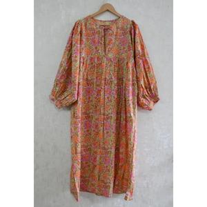 Robe longue bohème légère en coton imprimé à la main pour femme, tenue d'été à manches ballon, taille naturelle, lavable, col en V - Product Image 3