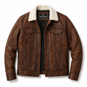 เสื้อแจ็คเก็ตหนังแท้สีดำสไตล์ Trucker ของ Furat Leathers ระบายอากาศได้ดี กันลม คอตั้ง ปิดด้วยซิป สำหรับผู้ชาย ฤดูหนาว - Product Image 1