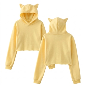 เสื้อฮู้ดครอปสีเทาสำหรับผู้หญิง แต่งหูน่ารัก ระบายอากาศได้ดี ซับในนุ่ม ผ้าฝ้าย ทรงสั้น สไตล์สตรีทแวร์ - Product Image 2