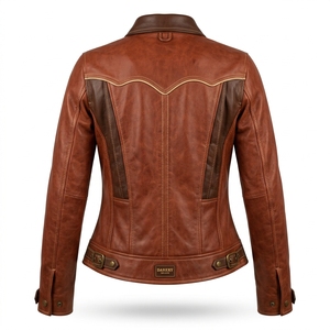 Vintage Cognac Brown Western Real <b>Leather</b> Jacket Womens Contrast Piping Yoke Flap Pocket <b>Shirt</b> Collar Outerwear Coat - Product Image 2