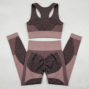 Ensemble de yoga côtelé : Leggings taille haute longueur intégrale et crop top dos nageur, couleur unie, respirant, sans couture, en Spandex et Polyester - Product Image 5