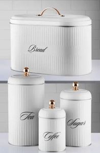 White Metal <b>Kitchen</b> <b>Storage</b> Canisters Set With Lids Airtight Design For Bread Tea Coffee Sugar Classic Style - Product Image 1