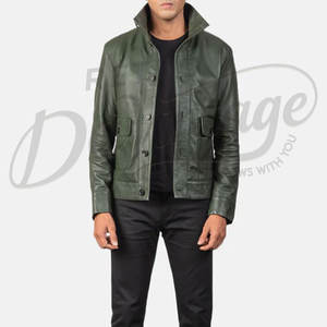 Chaqueta de cuero verde bosque para hombre, estilo militar, con botones, para caza, corte ajustado, de piel de oveja auténtica. - Product Image 3