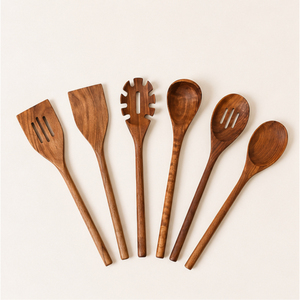 Ensemble de cuillères de cuisine en bois de style moderne, ustensiles de cuisine en teck antiadhésifs, spatule en bois résistante à la chaleur et outils de service pour pâtes - Product Image 1