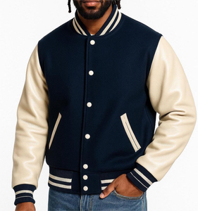 Veste de sport bleu marine pour homme avec manches en cuir crème, col rabattu, fermeture à boutons, style preppy, vêtement d'automne - Product Image 3