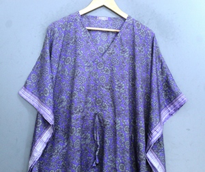 <b>Purple</b> Chiffon Floral Print Kaftan Abaya <b>Dress</b> <b>Plus</b> <b>Size</b> Women Long Sleeve V Neck Loose Fit Natural Waistline Front Summer Wear - Product Image 3