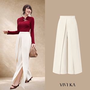Women's Cream Polyester Spandex Wide Leg <b>Split</b> Pants Casual Office High Waist Designer <b>Trousers</b> Fashion Pants ELOWEN - Product Image 1