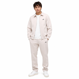 Ensemble de survêtement décontracté pour homme, couleur unie, veste zippée à col rabattu, pantalon de survêtement à jambe droite, logo personnalisé, deux pièces, 100% coton - Product Image 1