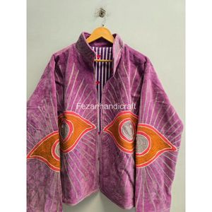 Blouson à col mandarin avec motif brodé œil de chat violet, manches longues, style ouvert, pour l'automne - Product Image 4