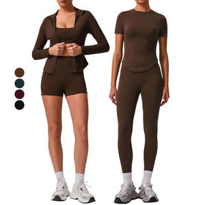 Ensemble de yoga 2 pièces vert olive, coupe évasée longue, taille haute, dos nageur, séchage rapide, sans couture, extensible, couleur unie, tricoté - Product Image 3