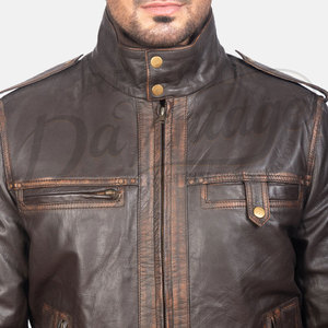 Blouson aviateur vintage en cuir véritable marron vieilli pour homme, coupe ajustée, style rétro décontracté, multi-poches, avec capuche, pour l'hiver - Product Image 3