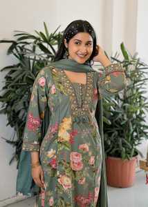 Traditional <b>Indian</b> Women's Green Cotton Quick Dry Digital Print Floral Lace Tussles Knee-Length <b>Kurta</b> Set Dupatta Regular Fit - Product Image 3