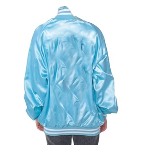 <b>Light</b> Blue Satin Bomber <b>Jacket</b> Unisex Regular Fit Stand Collar Covered Button Closure Winter Solid Casual Wear OEM Service - Product Image 2