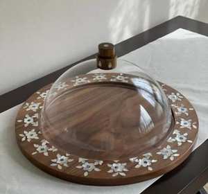 Bandeja otomana decorativa de madera con diseño de marquetería de nácar para mesa de centro de sala de estar, para servir y exhibir. - Product Image 2