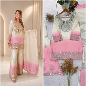 Conjunto de palazzo con top bordado de espejo real de diseñador y dupatta de georgette estrellado, listo para enviar. - Product Image 4