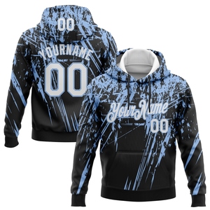 เสื้อฮู้ดดี้แบบสวมหัวลายกราฟฟิก 3 มิติ สีดำ ขาว-ฟ้าอ่อน สไตล์สปอร์ต งานปักแบบสั่งทำจากโรงงาน OMMIZ INDUSTRY ขายส่ง - Product Image 1
