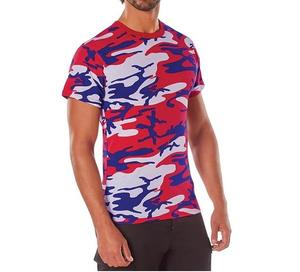 T-shirt à manches courtes imprimé camouflage rouge bleu blanc, coupe ajustée, col rond, décontracté, tricoté en polyester respirant, t-shirts pour hommes - Product Image 3