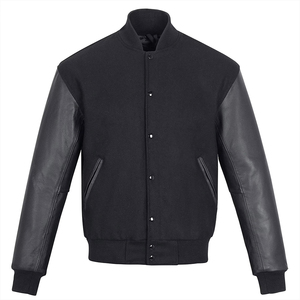 Veste varsity noire pour homme avec manches en simili cuir, style baseball classique, vêtement d'extérieur décontracté - Product Image 1