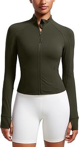 Women's Olive Green Stand Collar Long Sleeve Yoga Top Solid Color Breathable Spandex Polyester Zipper Closure Skinny Fit All - Product Image 5
