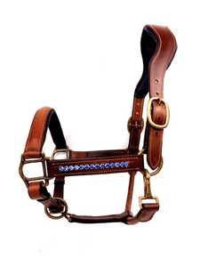 Cabestro de Cuero Marrón para Caballo con Adornos de Diamantes de Imitación Azules y Herrajes de Latón, Estilo Occidental, Talla Personalizada, Modelo LC-340 - Product Image 1