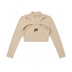 Women's Long Sleeve <b>Mock</b> <b>Neck</b> Cutout Crop <b>Top</b> Stretch Slim Fit Casual Fashion Shirt Soft Fabric Custom Logo Tee women's shirt - Product Image 5