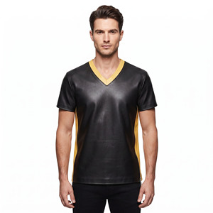 <b>Men</b> V-Neck Leather Tee <b>shirt</b> <b>Men</b> Short Sleeve Leather T <b>Shirt</b> <b>Men</b> Fashion Leather T <b>Shirt</b> <b>Men's</b> Premium Genuine Leather T-<b>Shirts</b> - Product Image 1