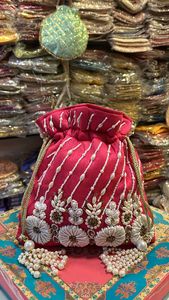 Premium Cotton Woman Handwork Square Style <b>Potli</b> <b>Bag</b> Custom Pattern Pearl Handle Heavy Embroidery Flap Closure Eco-Friendly - Product Image 2