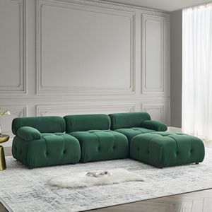 Divano Componibile in Velluto Verde con Bottoni Trapuntati, Combinazione Fai-da-Te Reversibile a Forma di L con Pouf per Soggiorno - Product Image 1