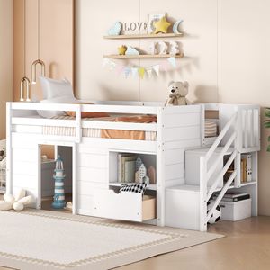 Letto a soppalco basso in legno massello per bambini, con scaletta e cassetto, e mensola bianca - Product Image 1