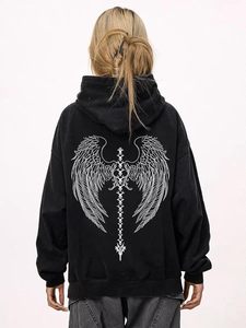 Unisex Y2K Acid Wash <b>Gothic</b> Graphic <b>Hoodies</b> Oversize Grunge Skull Wing Print Sweatshirt Casual Fit Pullover - Product Image 2
