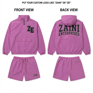 Mens Windbreaker Short Set 120 GSM Premium Polyester Taslan Purple Half <b>Zip</b> Kangaroo Pocket Custom Embroidery Print Patch Logo - Product Image 1