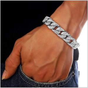 Men's Rhodium Plated 925 Silver Chain <b>Bracelet</b> With Crystal Rhinestones Geometric Link Hiphop Style Everyday Wear - Product Image 1