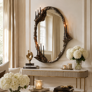 Luxury Gothic Candle Wall Mirror Artistic Textured <b>Metal</b> <b>Frame</b> | Decorative Accent Mirror with Candle Holders for Home Decor - Product Image 5