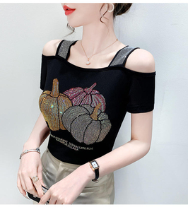 Camiseta de manga corta con lentejuelas y pedrería para mujer, top sexy para discoteca, negro, azul, de verano, tejido transpirable, cuello redondo - Product Image 3