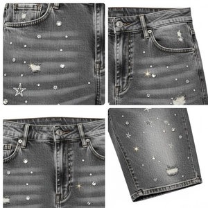 Men's Summer Casual Denim Shorts Solid Color <b>Washed</b> Rhinestone Embellishment Custom Logo Loose Fit Elastic Waist Latest Design - Product Image 4