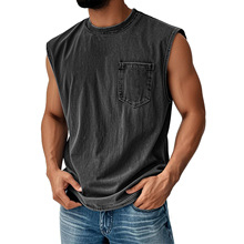 2026 Trendy <b>Men's</b> Green Sleeveless Tank Top With Chest Pocket O-Neck Casual Knitted Cotton <b>Singlet</b> Solid Color Design - Product Image 6