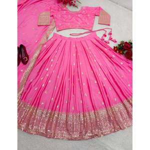 MODA SATIN SECUENCIA DE SECUENCIA EMRBOIDERY TRABAJO LEHENGA CHOLI CON DUPATTA PINK - Product Image 6