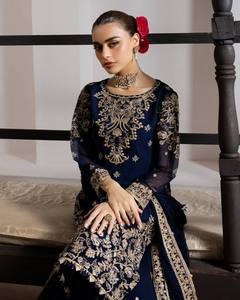 Salwar Kameez Traditionnel Bleu Marine Brodé pour Femme, Longueur Ras du Sol, en Soie, Style Indien et Pakistanais, Coupe Classique, Idéal pour Mariage - Product Image 4