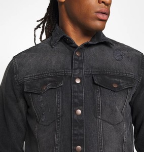 Veste en jean slim déchirée pour homme, noire, non doublée, délavée, ourlet effiloché, col rabattu, manches classiques, décontractée, printemps, style vintage, fermeture avant - Product Image 3