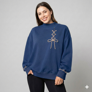 Women's Yellow Oversized Mock Neck Lace Up Bow Sweatshirt <b>Drop</b> Shoulder Long Sleeve Casual Fleece Pullover Loose Fit - Product Image 5
