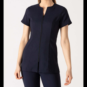 Custom Unisex Black Spandex/Cotton <b>Scrub</b> <b>Top</b> Short Sleeve V-Neck Zip Front Needle Detection Medical Nursing Hospital Uniform - Product Image 2