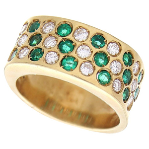 Yellow <b>Gold</b> <b>Cocktail</b> <b>Ring</b> With Round Brilliant Cut Diamonds And Emeralds Luxury Unisex Everyday Wear - Product Image 1