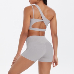 Seamless Gray 2 Piece Yoga Set Racerback Crop Top High Waist Shorts Solid Color Activewear - Product Image 3