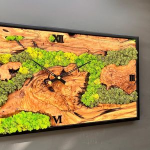 Olive Wood Moss Wall <b>Clock</b> Rectangular Handmade Wooden <b>Clock</b> Decor Luxury Wood & Moss Designer Wall <b>Clock</b> Eco-Friendly Green - Product Image 6