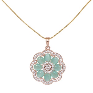 RAY FINE ORNATES Rose Gold Flower Pendant Mint Cubic Zirconia Brass Handmade Jewelry Floral Pendant Necklace & Earring Set - Product Image 3